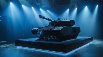 Ein elegantes Rheinmetall-Panzermodell auf einem hochmodernen Ausstellungsstand, beleuchtet durch dramatisches Spotlight