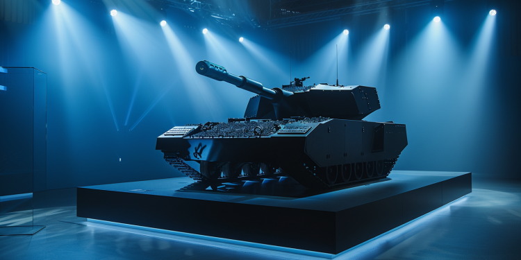 Ein elegantes Rheinmetall-Panzermodell auf einem hochmodernen Ausstellungsstand, beleuchtet durch dramatisches Spotlight