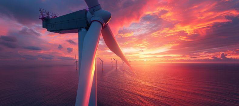 Nahaufnahme von Siemens-Energieturbinenblättern, die in einem Offshore-Windpark bei Sonnenuntergang installiert werden