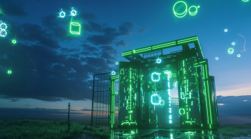 Ein moderner Elektrolyseur von ITM Power leuchtet in Neon-Grün mit Wasserstoffsymbolen unter einem tiefblauen Himmel