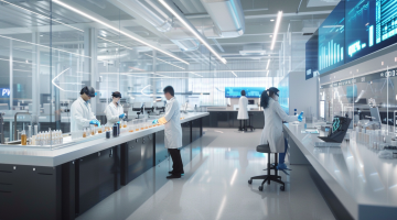 Forscher im modernen Labor mit Stockchart von CureVac im Hintergrund