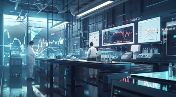 Forscher im modernen Labor mit Stockchart von CureVac im Hintergrund