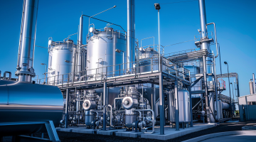 Eine industrielle Wasserstoffproduktionsanlage mit silbernen Tanks und Rohrleitungen vor einem klaren blauen Himmel