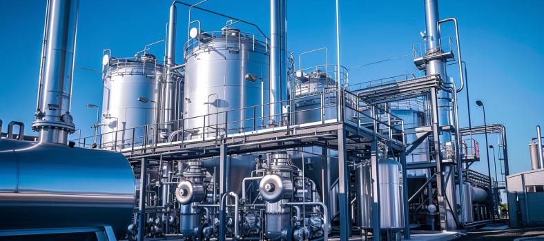 Eine industrielle Wasserstoffproduktionsanlage mit silbernen Tanks und Rohrleitungen vor einem klaren blauen Himmel