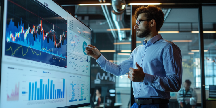 Ein Finanzanalyst präsentiert eine Aktienkurve der AMD-Marktleistung auf einem großen Bildschirm in einem modernen Büro