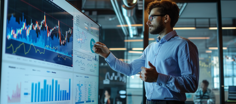Ein Finanzanalyst präsentiert eine Aktienkurve der AMD-Marktleistung auf einem großen Bildschirm in einem modernen Büro
