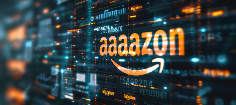 Ein digitaler Marktplatzbildschirm gefüllt mit den Produktkategorien von Amazon, der ihre umfangreiche Online-Präsenz hervorhebt