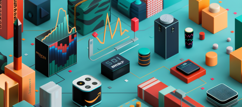 Ein Aktienchart-Overlay über ein Bild von Amazons verschiedenen Produkten, das diversifiziertes Wachstum symbolisiert