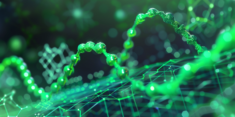 3D-Grafik des BioNTech-Aktienpreisanstiegs auf molekularem Hintergrund