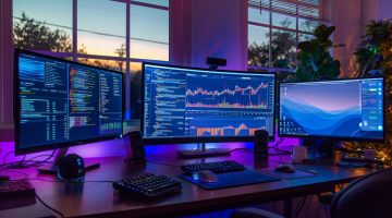 Ein modernes Büro mit mehreren Monitoren, die verschiedene Kryptowährungsdiagramme und die Coinbase-Website anzeigen