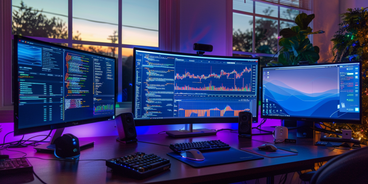 Ein modernes Büro mit mehreren Monitoren, die verschiedene Kryptowährungsdiagramme und die Coinbase-Website anzeigen