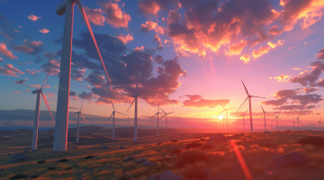 Ein futuristischer Windpark bei Sonnenuntergang