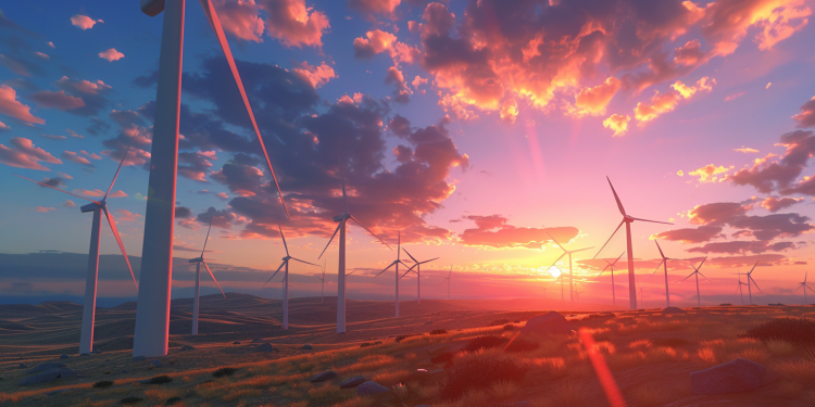 Ein futuristischer Windpark bei Sonnenuntergang