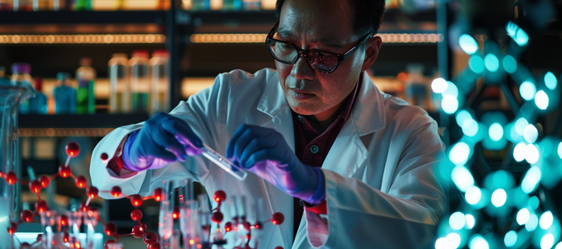 Ein Wissenschaftler im Pfizer Laborkittel arbeitet mit Reagenzgläsern und fortschrittlicher Ausrüstung, umgeben von Molekülmodellen