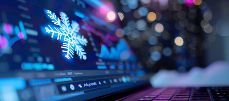 Ein Laptop-Bildschirm zeigt das Snowflake-Logo mit Finanzdiagrammen im Hintergrund