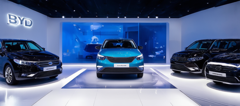 Eine futuristische BYD-Autohalle mit modernen Elektrofahrzeugen unter heller Beleuchtung