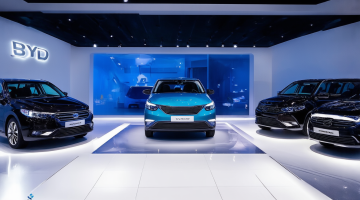 Eine futuristische BYD-Autohalle mit modernen Elektrofahrzeugen unter heller Beleuchtung