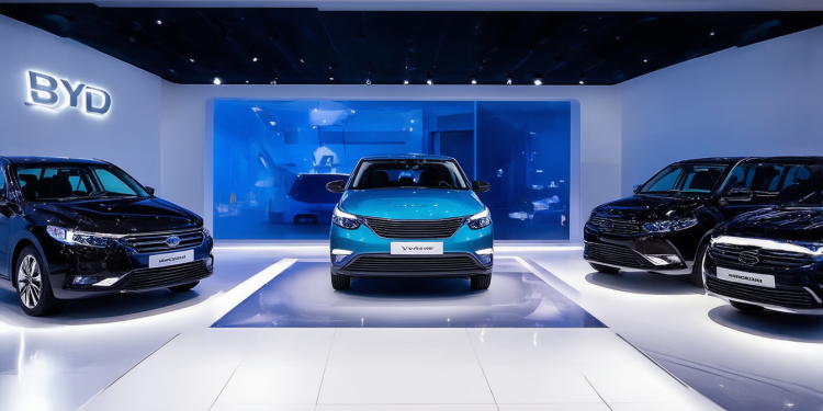 Eine futuristische BYD-Autohalle mit modernen Elektrofahrzeugen unter heller Beleuchtung