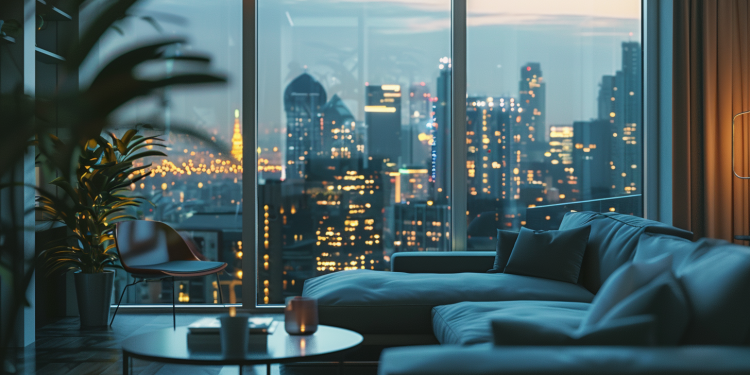 Modernes Vonovia-Apartment mit stilvoller Einrichtung und großen Fenstern mit Blick auf die Stadtsilhouette