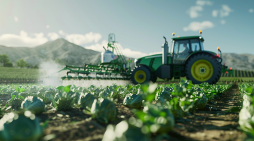 Darstellung von BASF's nachhaltigen Landwirtschaftslösungen mit einem Traktor und Feldern im Vordergrund