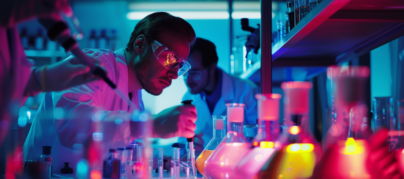 Wissenschaftler in einem hochmodernen BASF-Labor analysieren chemische Proben, umgeben von fortschrittlichen Geräten
