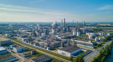 Luftaufnahme des BASF-Hauptquartiers in Ludwigshafen mit Produktionsanlagen und Rohrleitungssystem bei klarem Himmel
