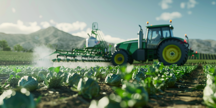 Darstellung von BASF's nachhaltigen Landwirtschaftslösungen mit einem Traktor und Feldern im Vordergrund