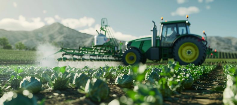 Darstellung von BASF's nachhaltigen Landwirtschaftslösungen mit einem Traktor und Feldern im Vordergrund