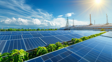 Siemens-Solaranlage auf Industriegebäude, umgeben von grüner Landschaft und blauem Himmel