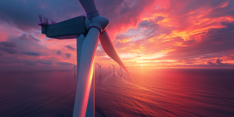 Nahaufnahme von Siemens-Energieturbinenblättern, die in einem Offshore-Windpark bei Sonnenuntergang installiert werden