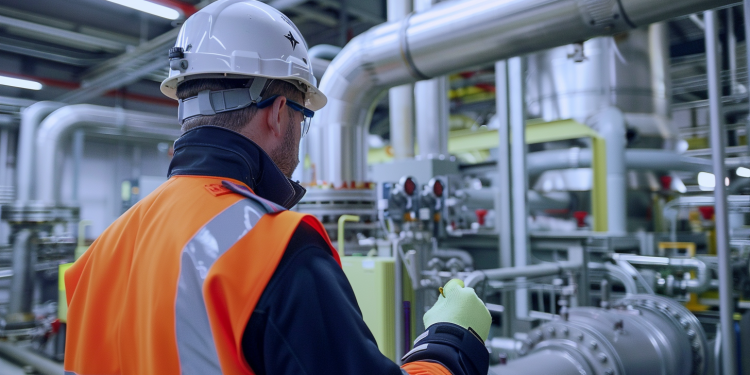 Ein Ingenieur in Warnweste arbeitet an einer Wasserstoffproduktionsanlage von ITM Power, mit gut sichtbaren Rohren und Ventilen