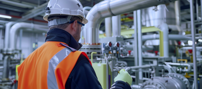 Ein Ingenieur in Warnweste arbeitet an einer Wasserstoffproduktionsanlage von ITM Power, mit gut sichtbaren Rohren und Ventilen