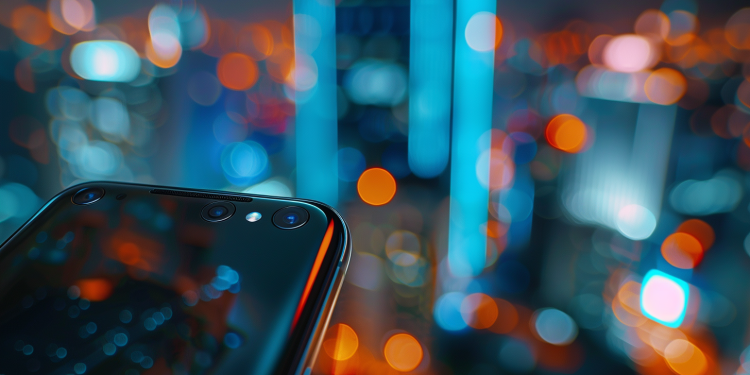 Eine Nahaufnahme des neuesten 5G-Smartphone-Modells von Xiaomi vor einer lebendigen Stadtkulisse