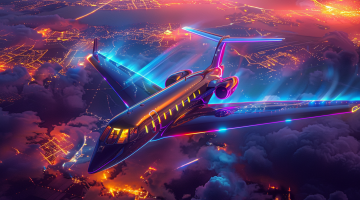 Konzeptdarstellung eines futuristischen Airbus-Elektroflugzeugs mit Neonlichtern.