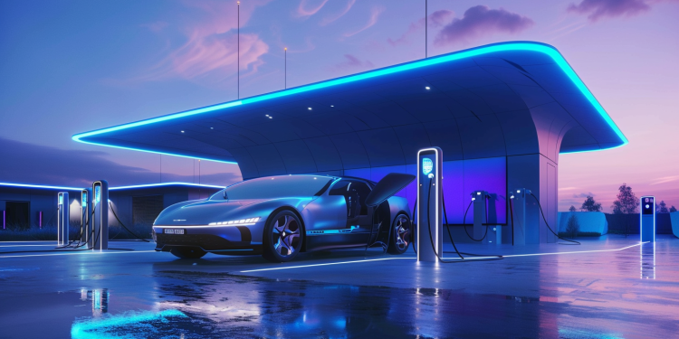 Eine futuristische Wasserstofftankstelle von Nel ASA mit glänzenden Oberflächen und LED-Beleuchtung, die ein modernes Elektrofahrzeug betankt