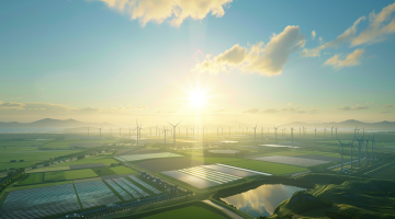 Eine detaillierte Luftaufnahme einer großen grünen Energieanlage, die Wasserstoffanlagen und Windturbinen unter einem hellen, wolkenlosen Himmel vereint