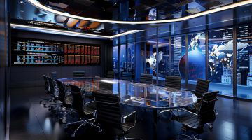 Ein moderner Besprechungsraum mit einem digitalen Börsenticker und dem Citigroup-Logo