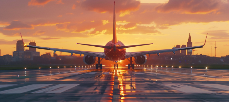 Norwegian Air Shuttle-Flugzeug landet bei Sonnenuntergang auf einer Landebahn mit der Skyline der Stadt im Hintergrund