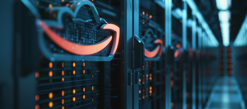 Das Logo von Amazons Cloud-Computing-Dienst (AWS) vor einem Hintergrund mit Serverregalen, das technische Leistungsfähigkeit hervorhebt