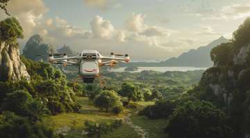 Eine schlanke Amazon-Drohne, die ein Paket in eine malerische ländliche Gegend liefert, was Innovation und Reichweite repräsentiert