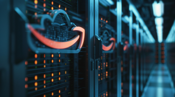 Das Logo von Amazons Cloud-Computing-Dienst (AWS) vor einem Hintergrund mit Serverregalen, das technische Leistungsfähigkeit hervorhebt