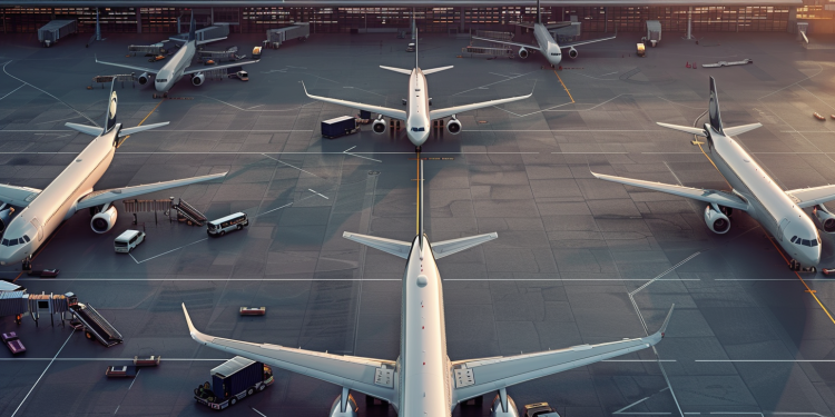 Moderner Flughafen mit mehreren Boeing-Flugzeugen im Blick