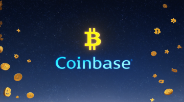 Nachthimmel mit Bitcoin-Symbolen und Coinbase-Logo