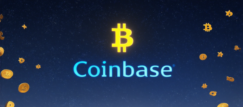 Nachthimmel mit Bitcoin-Symbolen und Coinbase-Logo