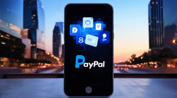 Smartphone mit geöffnetem PayPal-App und Transaktionssymbolen