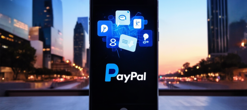 Smartphone mit geöffnetem PayPal-App und Transaktionssymbolen