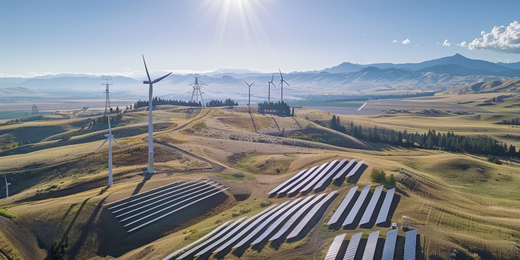 Malerische Landschaft mit Windturbinen und Solarpaneelen, die Ballard Powers Engagement für erneuerbare Energien hervorheben.