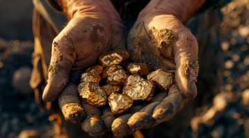 Nahaufnahme von Händen mit rohen Goldnuggets