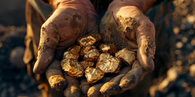 Nahaufnahme von Händen mit rohen Goldnuggets