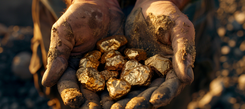 Nahaufnahme von Händen mit rohen Goldnuggets